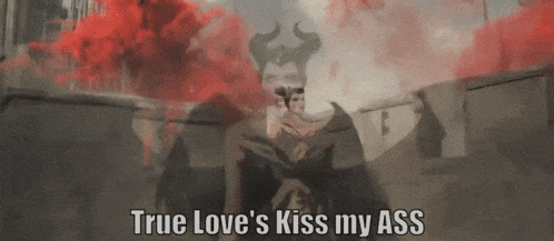 a cartoon of a woman with horns and wings says true love 's kiss my ass