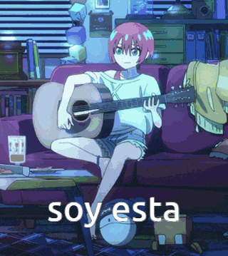 a girl is sitting on a couch playing an acoustic guitar with the words soy esta written on the bottom