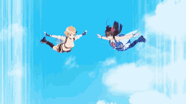 two anime girls are flying through a blue sky with clouds