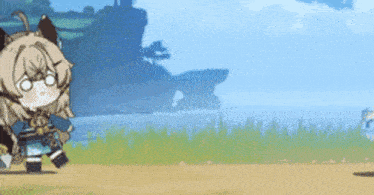 a cartoon character is standing in a field with a mountain in the background .