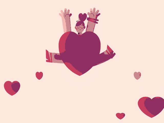 a girl is flying through the air with her arms outstretched behind a large heart