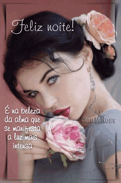 a woman with a flower in her hair and the words feliz noite written above her