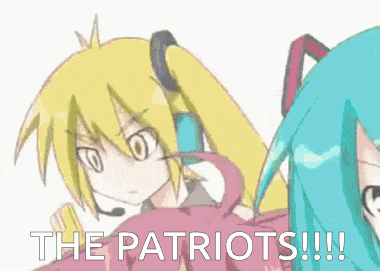 a couple of anime girls standing next to each other with the words " the patriots " written on the bottom