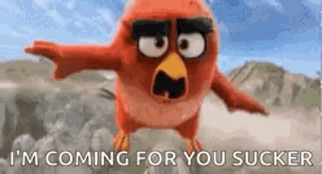 a red angry bird from the angry birds movie is flying through the air and screaming .