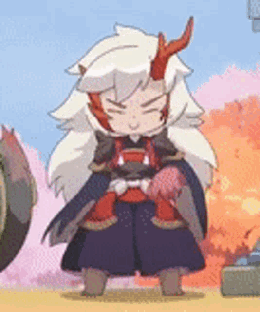 a cartoon character with long white hair and horns is standing in front of a statue .