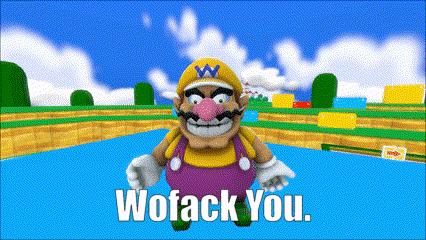 a cartoon character says wofack you in a video game scene