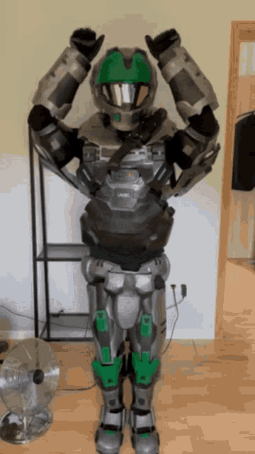 a person in a spartan armor stands with their arms up