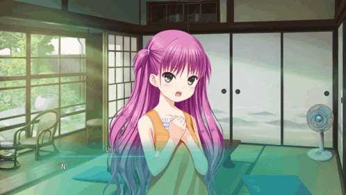 a girl with purple hair is standing in a room with a fan and says " umi "