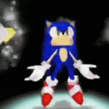 sonic the hedgehog is dancing in a dark room with his arms outstretched and his legs crossed .