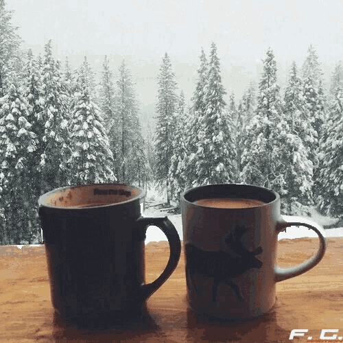 two cups of coffee are sitting on a table in front of a snowy forest with f.c. written on the bottom