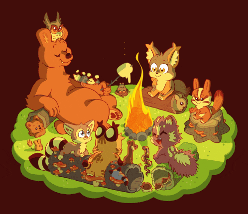 a group of animals sitting around a campfire eating marshmallows
