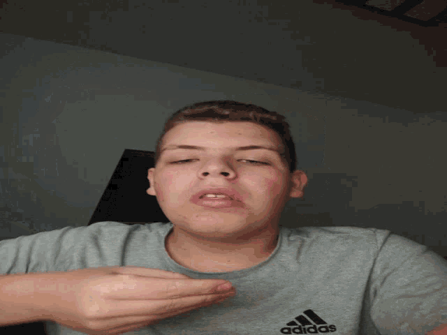 a young man wearing a grey adidas t-shirt