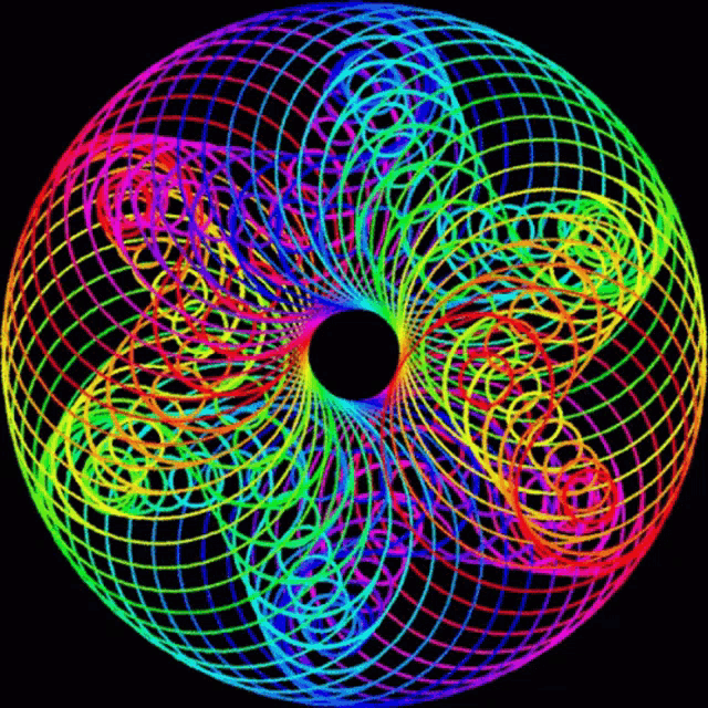 a rainbow colored swirl with a black center on a black background
