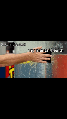 a man is standing in front of a glass container of water with the caption " my mental health bocchi the rock " on the bottom