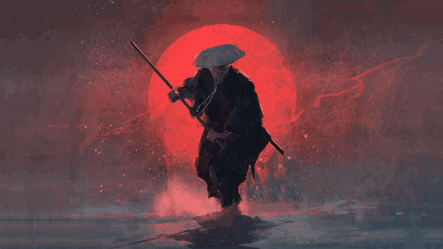 a painting of a samurai holding a sword and an umbrella