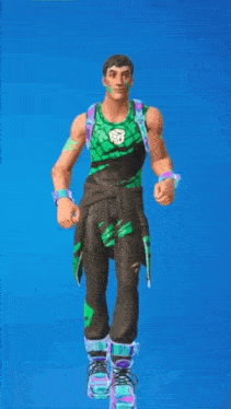 a man in a green and black outfit is dancing in a video game .