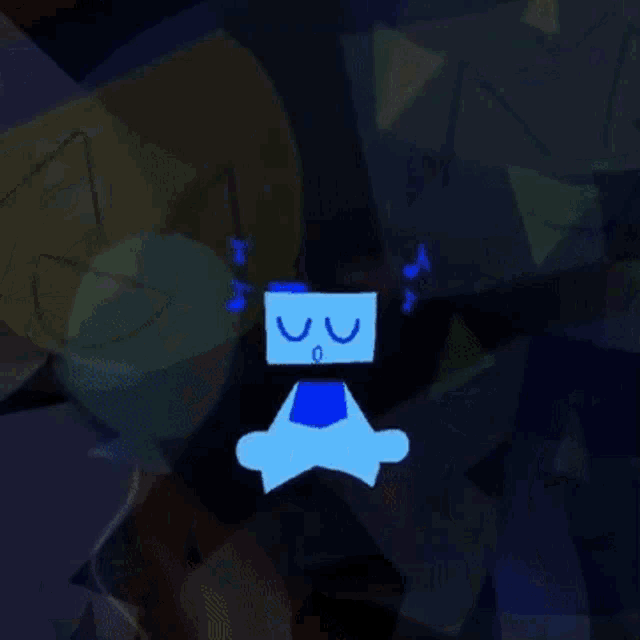a cartoon character is sitting in a lotus position in a dark room with a blue background .