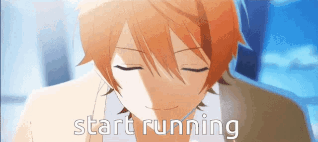 a close up of a person 's face with the words " start running " written below it