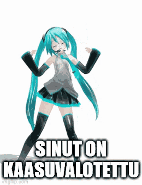 a picture of hatsune miku dancing with the words sinut on kaasuuvalottu