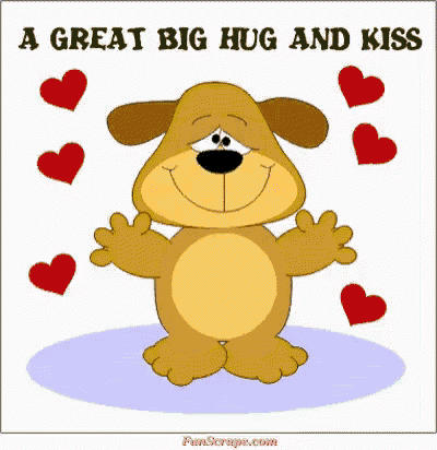 a cartoon of a dog hugging and kissing with the words a great big hug and kiss
