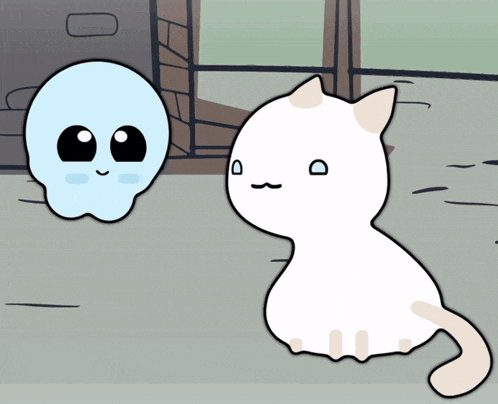 a cartoon of a cat and a ghost with a smiley face