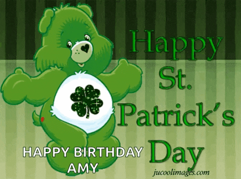 a care bear says happy st. patrick 's day on a green striped background
