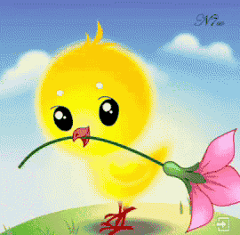 a cartoon of a yellow chicken holding a pink flower in its beak