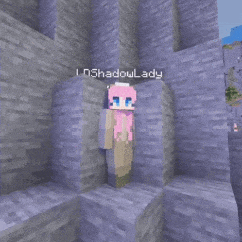 a girl with pink hair is standing in a minecraft world