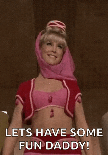 a woman in a pink outfit is smiling and says let 's have some fun daddy