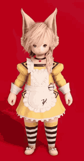 a girl in a yellow dress with an apron and striped socks is standing on a red background .
