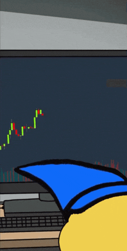 a cartoon character is looking at a stock chart on a computer monitor