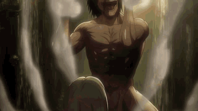 a naked man is standing in a forest with smoke coming out of his chest