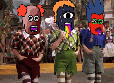 three cartoon characters are standing in front of a crowd