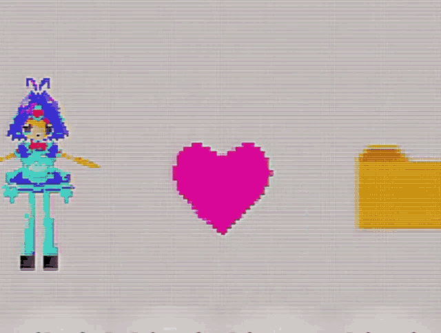 a pixel art drawing of a girl with a heart and a folder