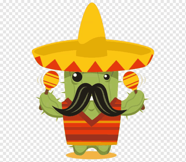 a cactus wearing a sombrero and a mustache is holding maracas
