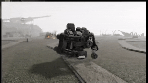 a black and white video game scene with a robot on the ground