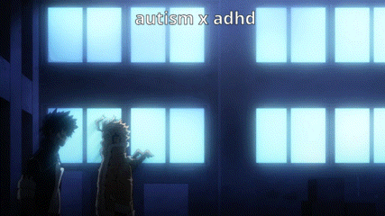 a couple of people standing in front of a building with the words autism x adhd written above them