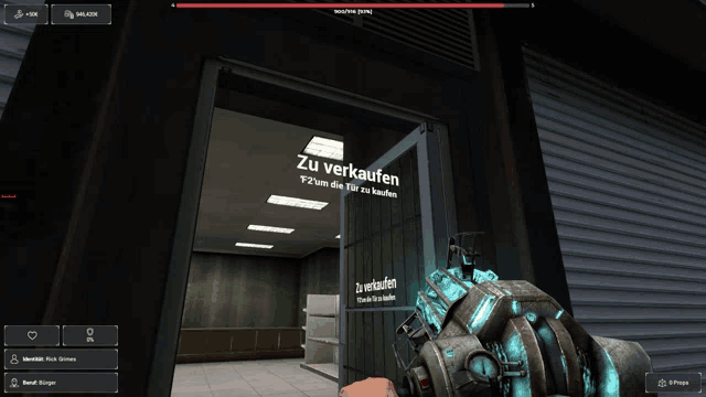a person holding a gun in front of a window that says zu verkaufen
