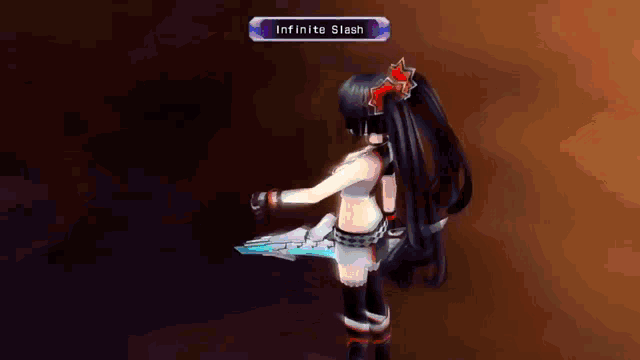 a video game character is holding a sword and says infinite slash on the bottom