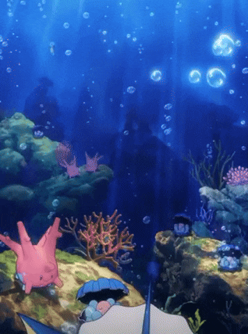 a cartoon drawing of a coral reef with bubbles and a sponge