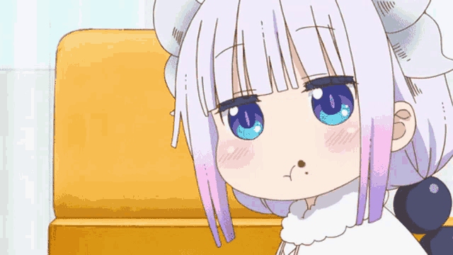 a cartoon girl with purple hair and blue eyes is sitting on a yellow couch