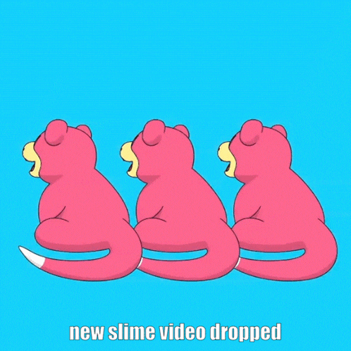 three pink teddy bears are sitting next to each other with the words " new slime video dropped " below them
