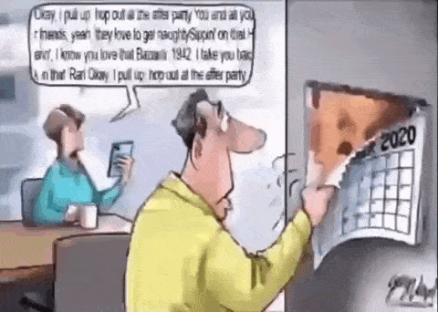 a cartoon of a man pulling up a calendar for 2020 .