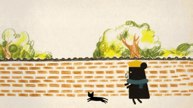 a cartoon drawing of a cat and a person walking along a brick wall