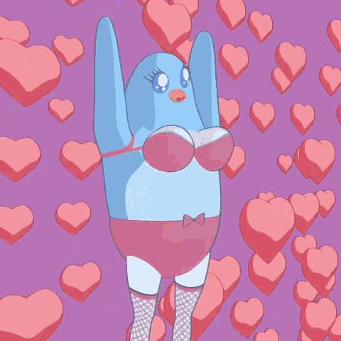 a cartoon of a penguin in lingerie with hearts around her