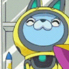 a close up of a cartoon character wearing a yellow and blue costume