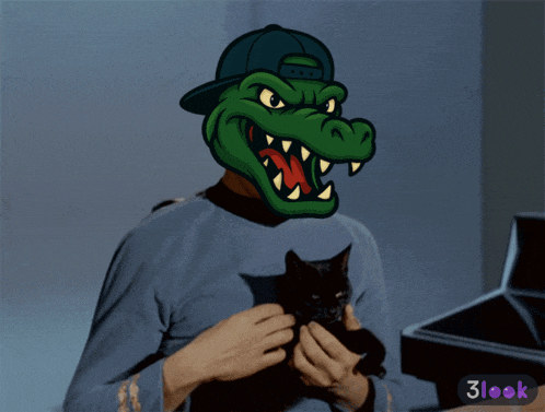 a cartoon of a man with a crocodile mask holding a black cat