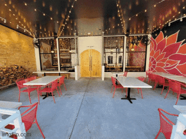 a patio with tables and chairs and a sign that says ' imgflip.com ' at the bottom