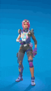a woman with pink hair is standing with her fist in the air .