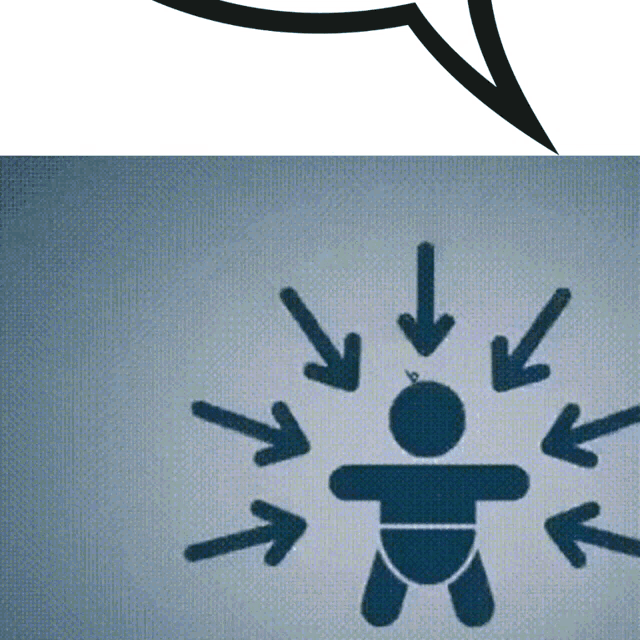 a speech bubble with arrows pointing towards a person 's head